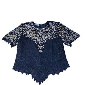 VTG Lawrence Kazar New York Black 100% Silk-Lined Beaded Sparkly Blouse Top Sz L